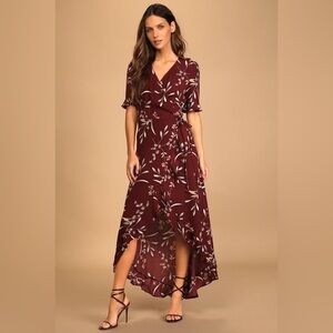 Wild Winds Burgundy Floral Print High-Low Wrap Dress